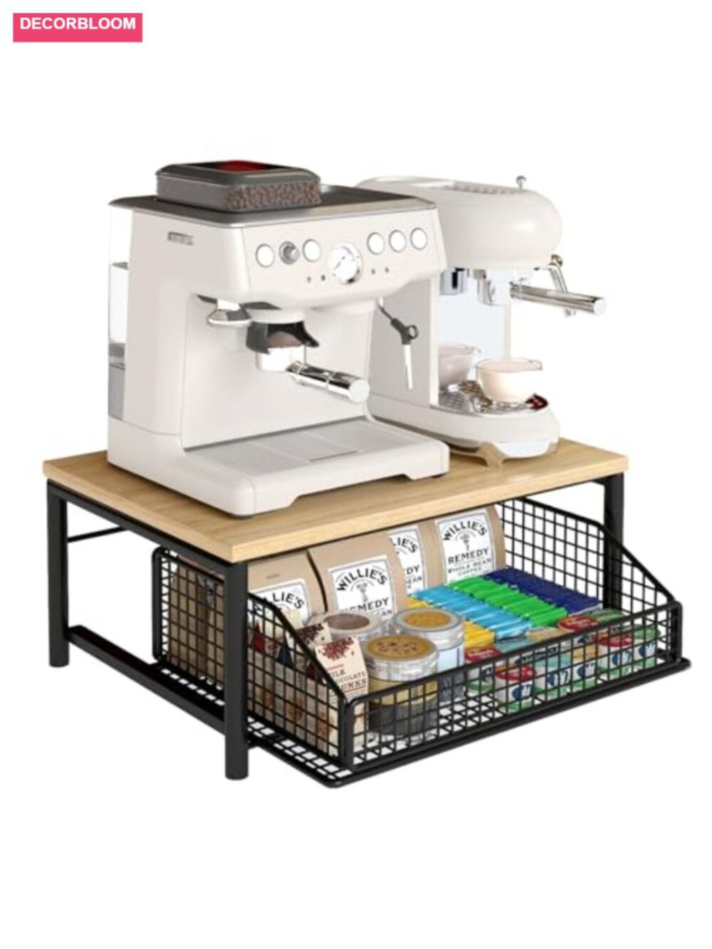 Coffee Pod Drawer Organizer Pull-Out Basket Steel Frame Wooden Top